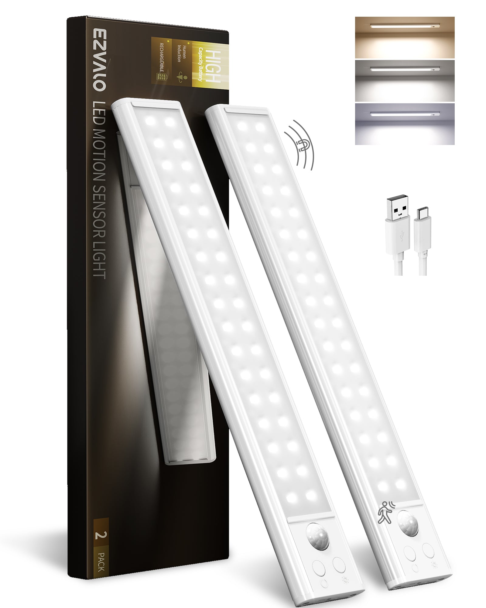 Under Cabinet Lighting 12 inches, 80 LED Motion Sensor Light Indoor, 2200mAh Battery Operated Rechargeable Closet Lights, 3 Color Dimmable Magnetic Wireless Under Counter Lights for Kitchen - 2 Pack