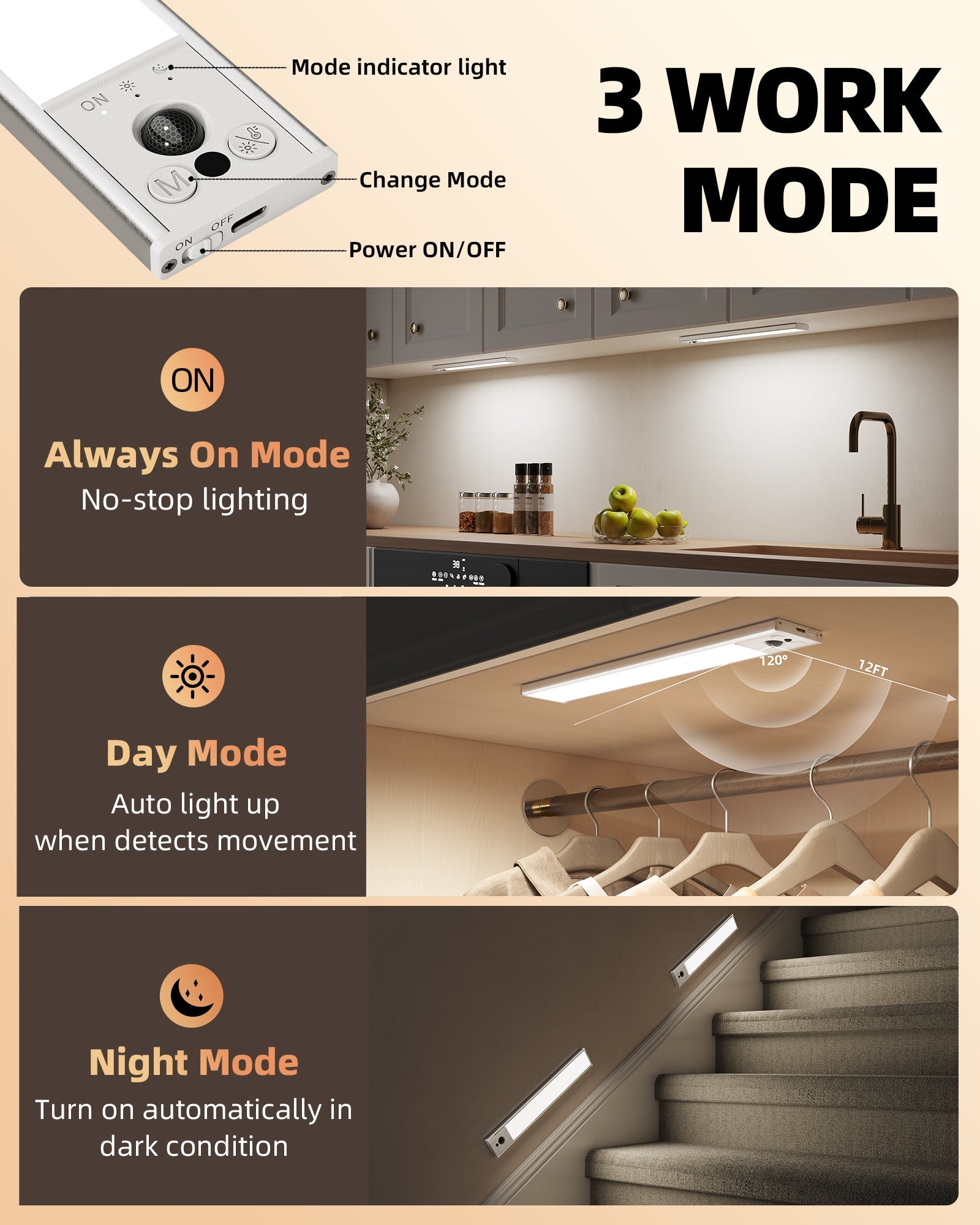 EZVALO 12inch Under Cabinet Lighting, LED Motion Sensor Light Indoor, 3100mAh USB Rechargeable Closet Lights, Dimmable & Magnetic Wireless Under Counter Lights for Kitchen, Pantry, Stairs (2 Pack) - EZVALO