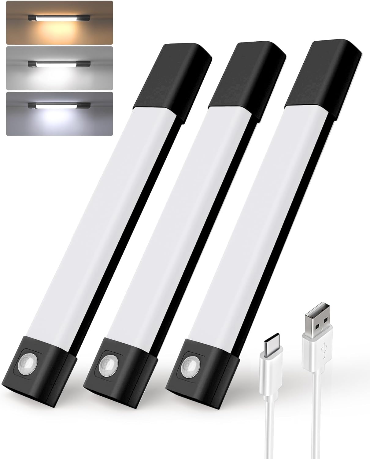 EZVALO 3 Pack 7” Motion Sensor Light Indoor, Wireless Under Cabinet Lighting, 30 LED Rechargeable Closet Lights, Dimmable, 3 Color Temperatures, Counter Lights for Wardrobe, Pantry, Bedroom, Kitchen - EZVALO