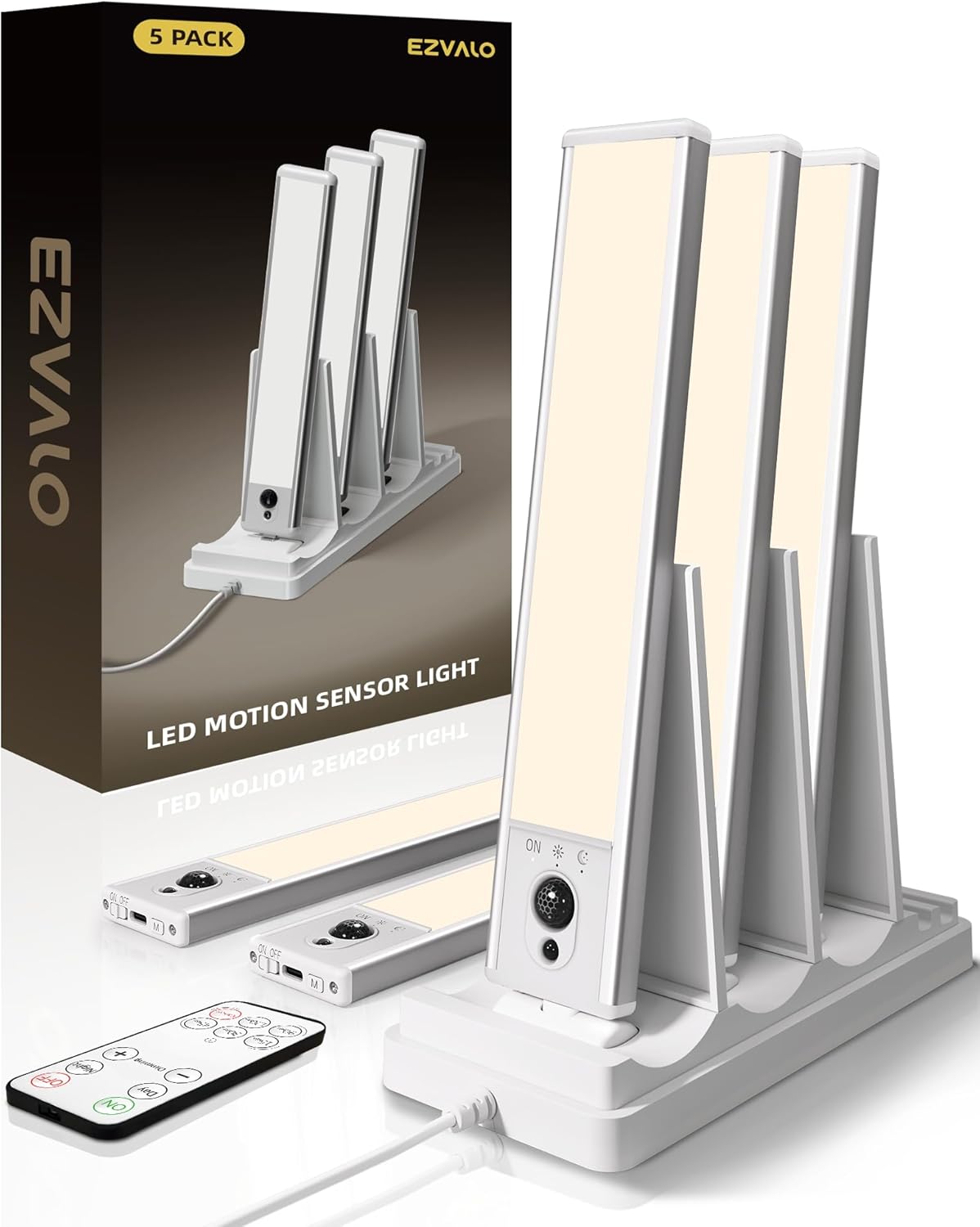 EZVALO 5 - Pack Under Cabinet Lighting, 2400mAh Motion Sensor Light, LED Closet Lights Wireless, 6500K Dimmable, Timer, Magnetic, with Remote Control for Kitchen, Closet, Stair - EZVALO