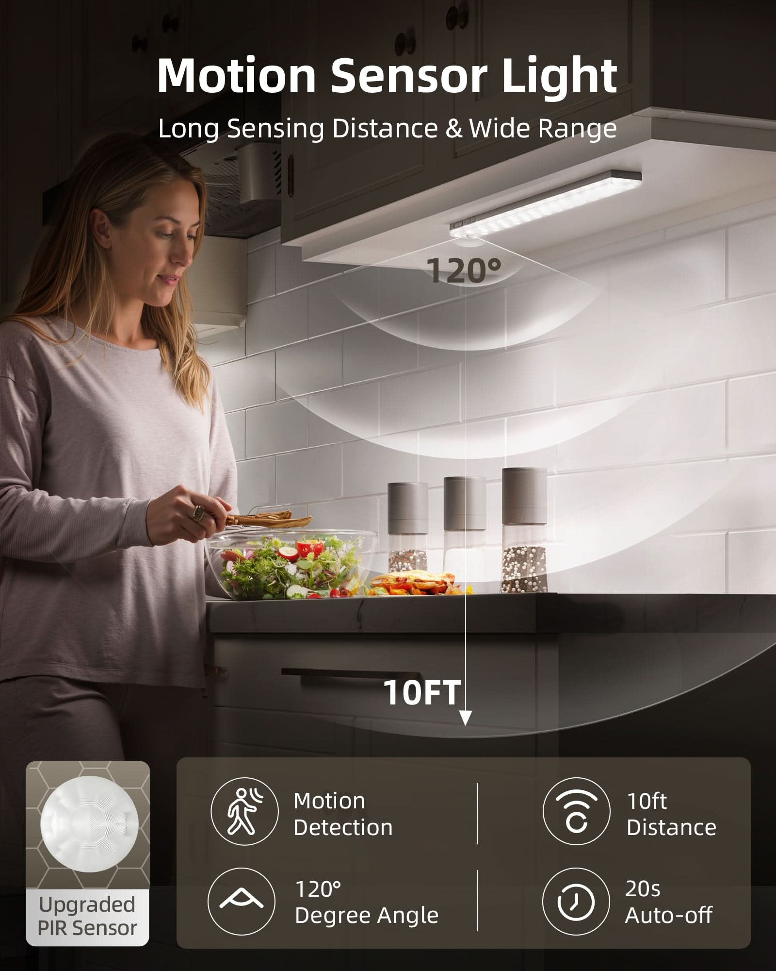 EZVALO 56 LED Under Cabinet Lights, USB Rechargeable 2000mAh Motion Sensor Closet Lighting Kit with Magnetic Strip, Remote, 3 Color Temps, Stepless Dimming & Timer for Kitchen, 3 Pack - EZVALO