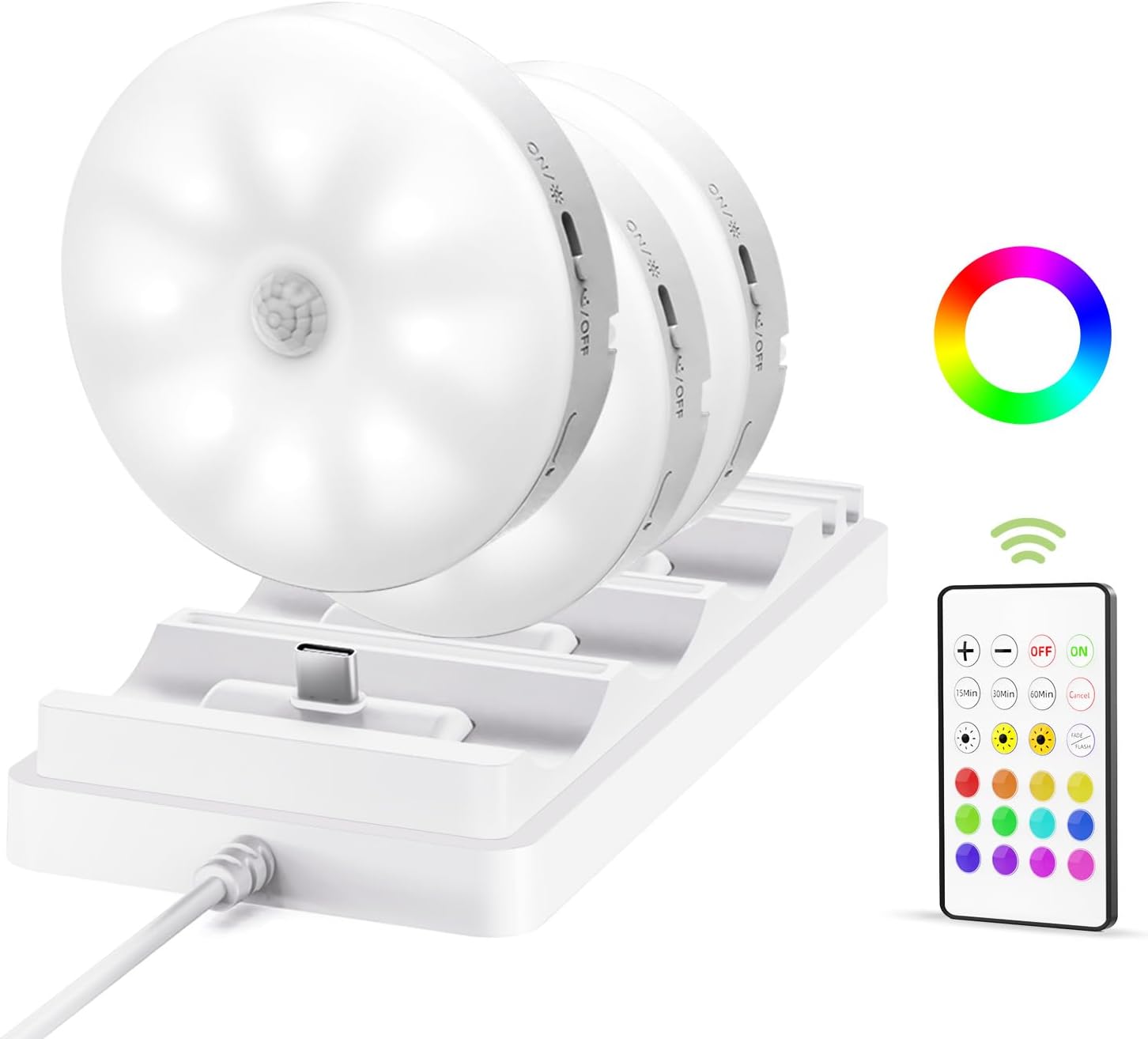 EZVALO 6 - Pack Under Cabinet Lighting, Rechargeable Motion Sensor Puck Lights with Remote, 3 Color Temps &12 RGB Colors, Magnetic Stick on Light, Dimmable Under Counter Lights for Kitchen, Shelf, Stair - EZVALO
