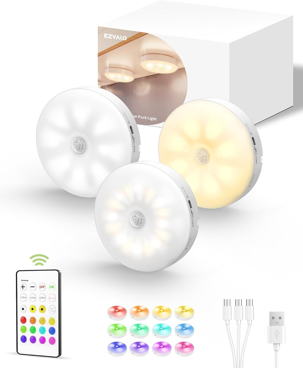 EZVALO 6 - Pack Under Cabinet Lighting, Rechargeable Motion Sensor Puck Lights with Remote, 3 Color Temps &12 RGB Colors, Magnetic Stick on Light, Dimmable Under Counter Lights for Kitchen, Shelf, Stair - EZVALO
