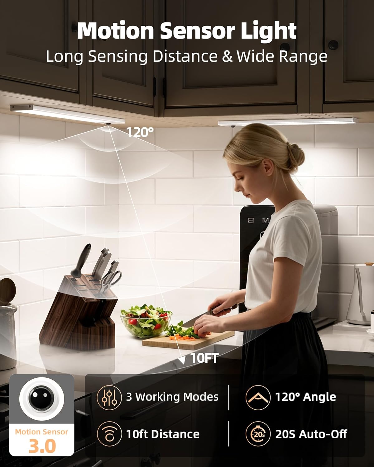 EZVALO 6 Pack Under Cabinet Lighting Wireless with Battery Indicator, 2000mAh Rechargeable Motion Sensor Light Indoor, 10inch 80 LED Under Counter Lights for Kitchen Closet, 3 Color Temps, Dimmable - EZVALO