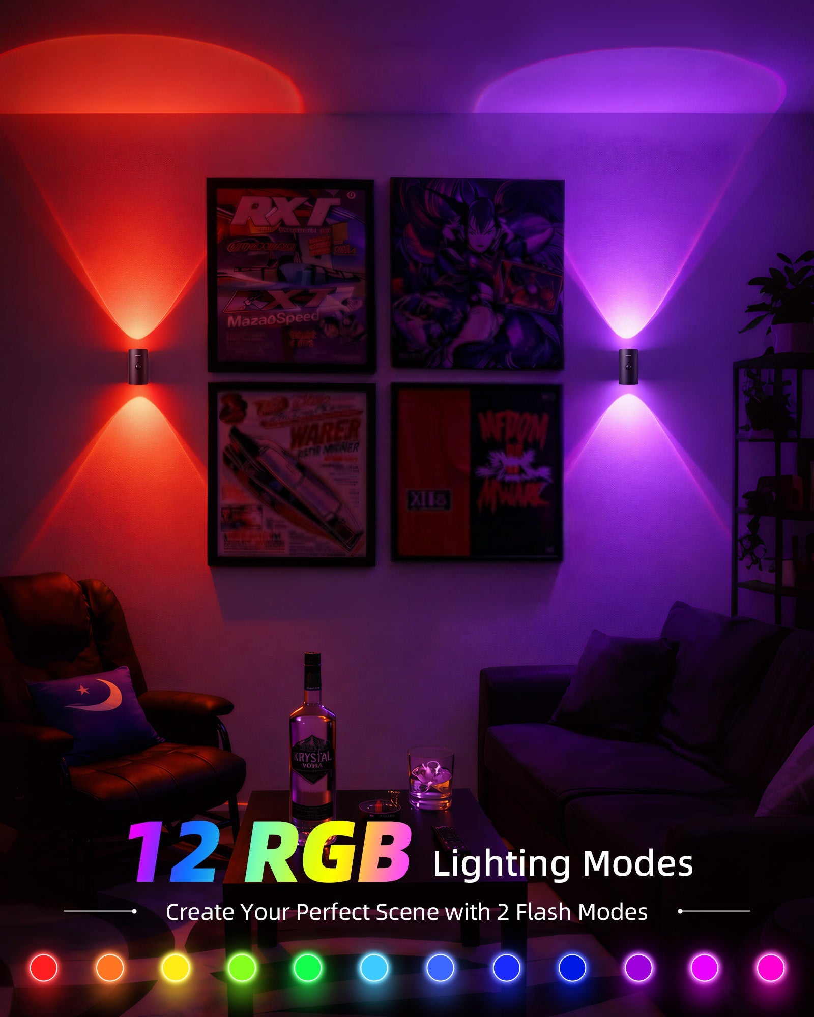 EZVALO Motion Sensor Wall Light, 4000mAh Rechargeable Wall Sconce with Remote, 12 RGB & 3 Color Temps, Up & Down Ambient Lighting for Bedroom, Hallway, Corner Decor (2 Pack, Black) - EZVALO