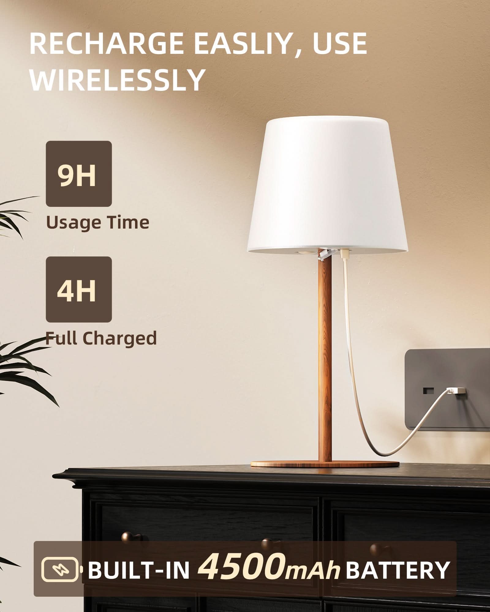 EZVALO Outdoor Cordless Table Lamp, IP65 Waterproof 4500mAh Rechargeble Shower Lamp, Dimmable Touch Lamp, LED Night Light Lamp for Bathroom Patio Camping Restaurant Home - EZVALO