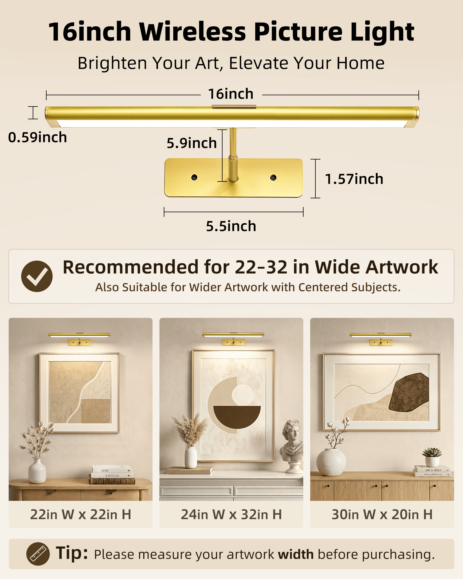 EZVALO Picture Light for Wall, 4800mAh Rechargeable Wireless Lights, 16'' Dimmable with IR Remote Magnetic LED Art Painting Light with 3 Color Temps, Display for Gallery, Living Room, Bedroom(Gold) - EZVALO