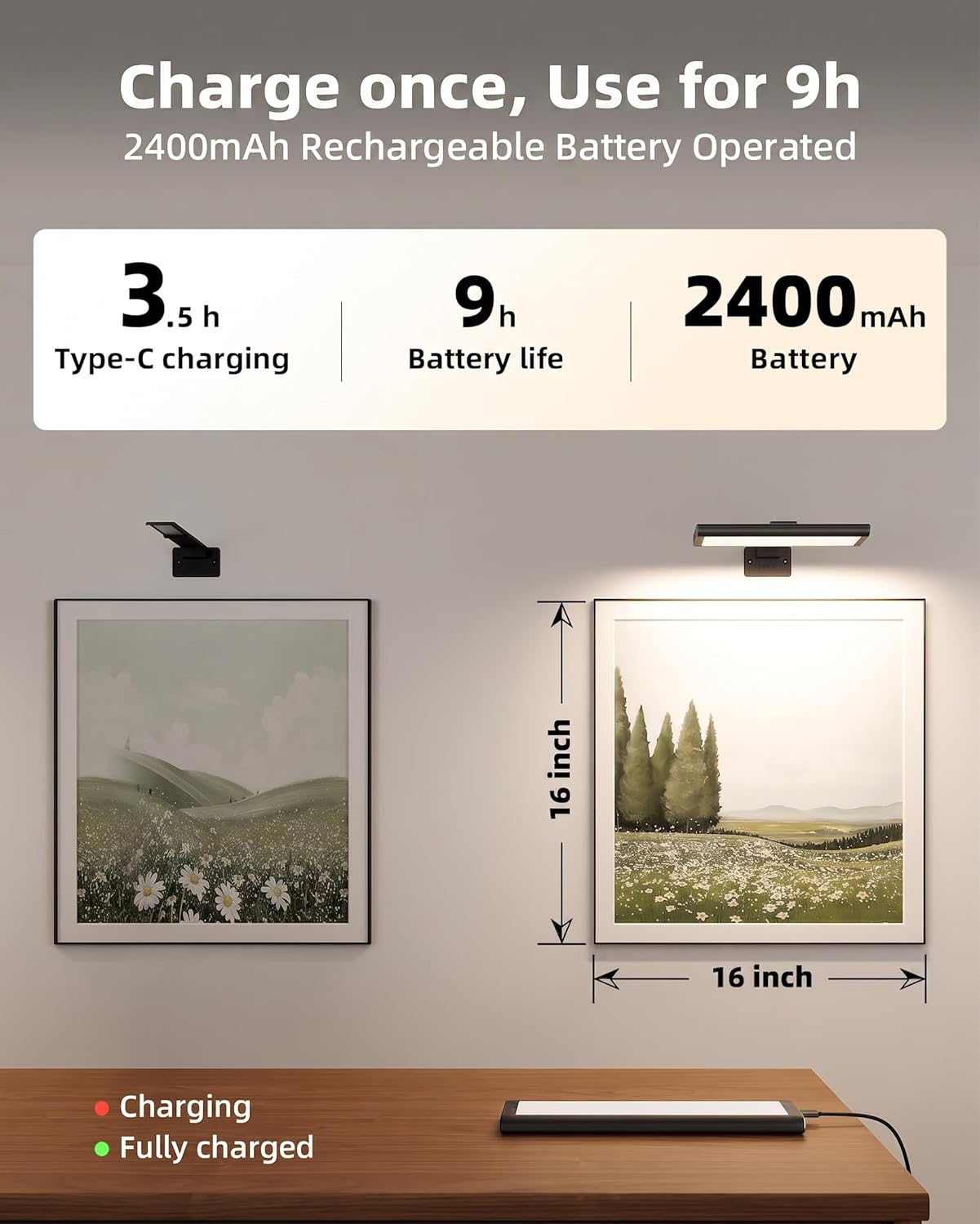 EZVALO Picture Light for Wall, Rechargeable 2400mAh Battery Lights Wireless with IR Remote, 3 Color & Dimmable Magnetic 7.8'' LED Lights Display for Painting, Living Room, Gallery, Bedroom(Black - 3P) - EZVALO