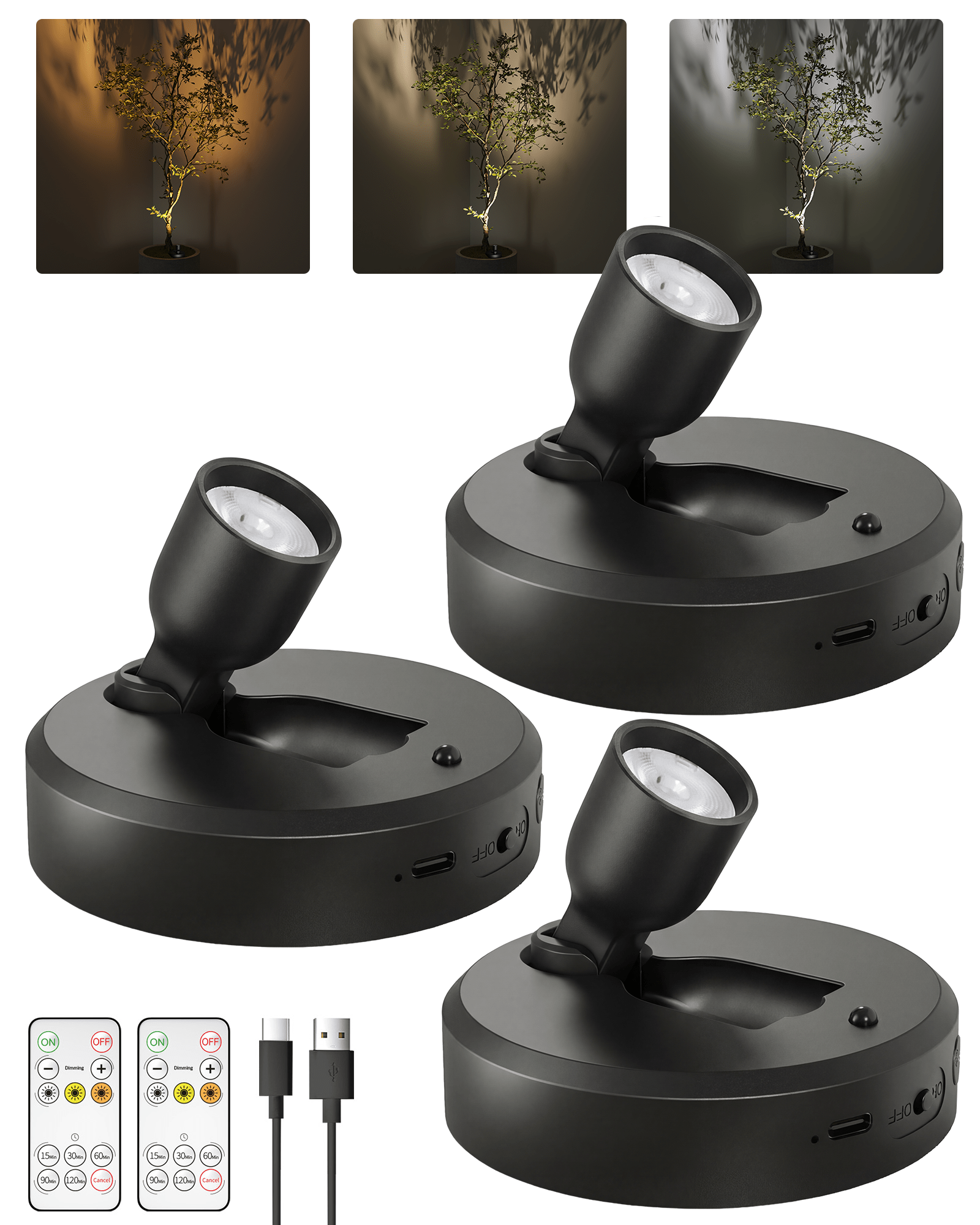 EZVALO Spotlight Indoor with Remote, 4000mAh Rechargeable Battery-Powered Plant Spot Lights, Wireless Mini Uplights with Dimmable & 3-CCT, Timer, Accent Lighting for Pictures, Art, Displays (2-Pack) - EZVALO