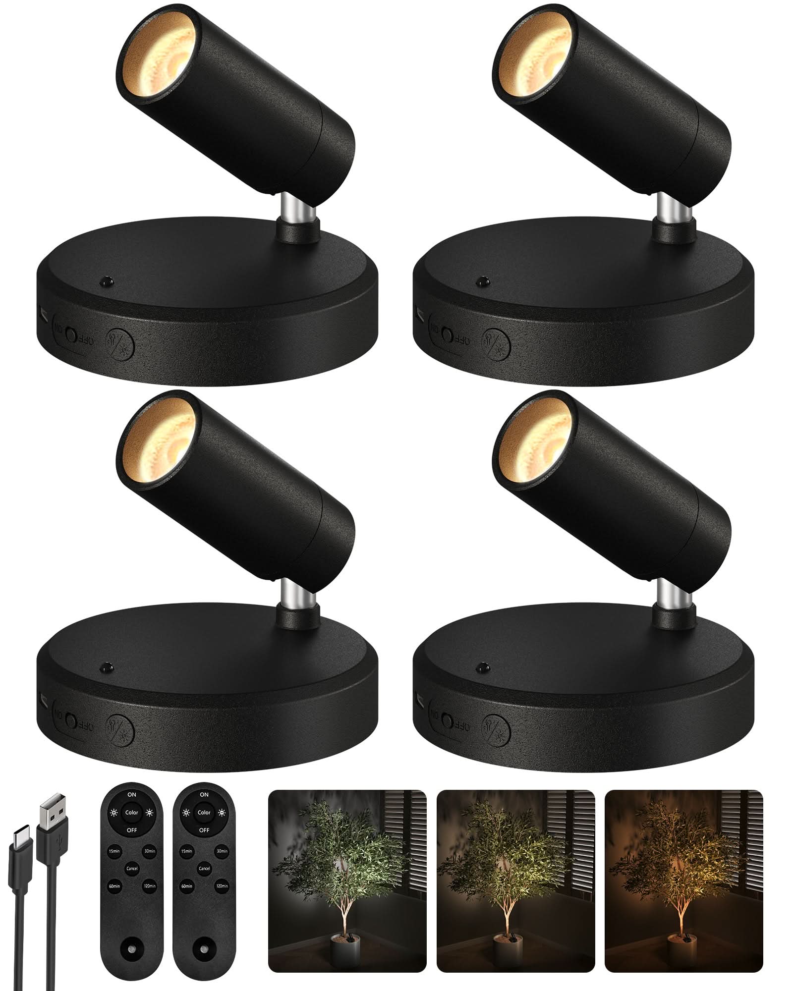 EZVALO Spotlights Indoor with Remote, 5500mAh Rechargeable Picture Lights, Wireless LED Uplighting with Timer&Dimmable, 3CCT, Display Lights for Plant Painting, Artwork, Accent Lighting (2Pack - Black) - EZVALO
