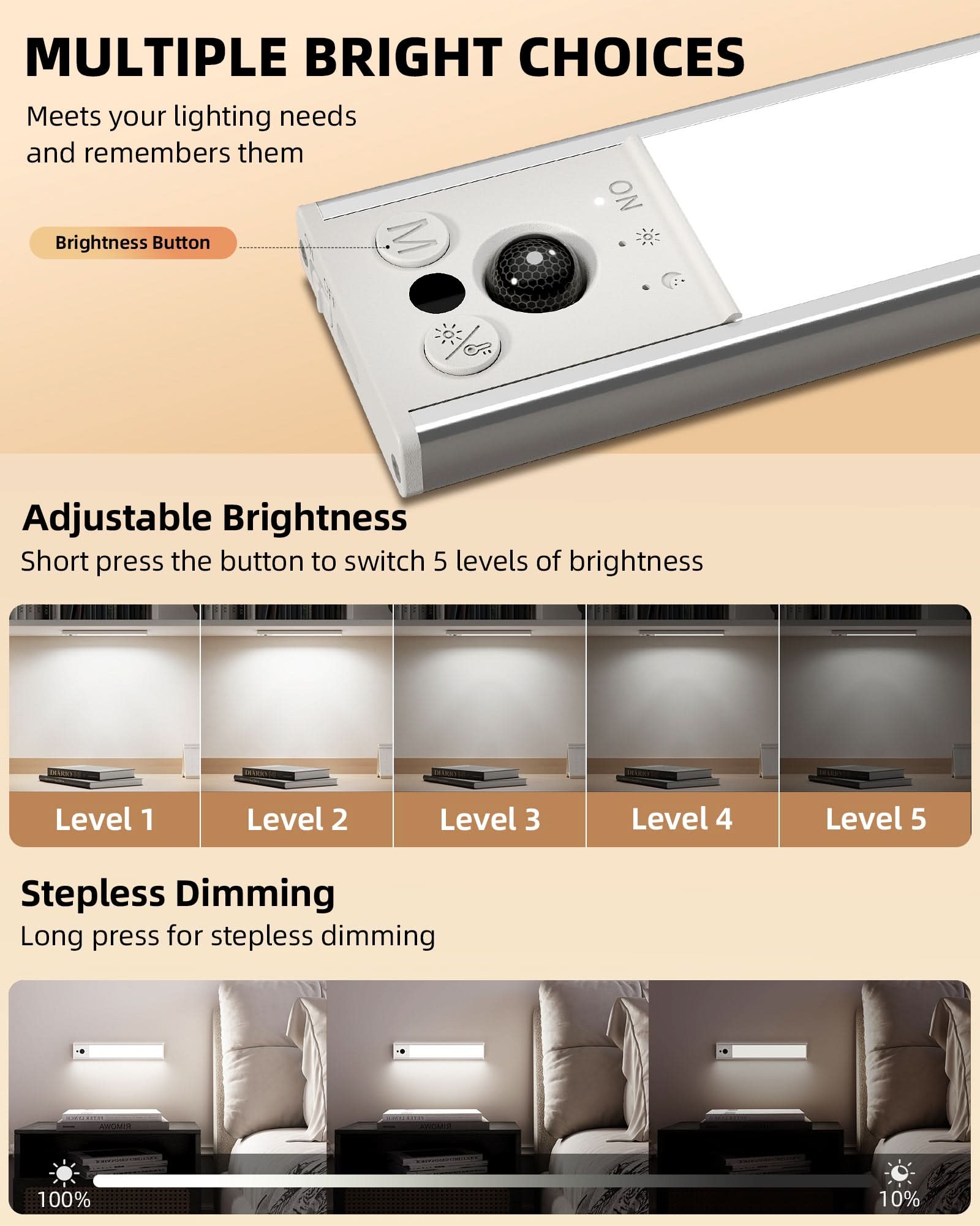 EZVALO Under Cabinet Lighting, LED Motion Sensor Closet Lights Indoor, 4000mAh, Dimmable Rechargeable Magnetic Stick On Lights, Under Counter Lights for Kitchen, Pantry, Stairs - 2 Pack - EZVALO