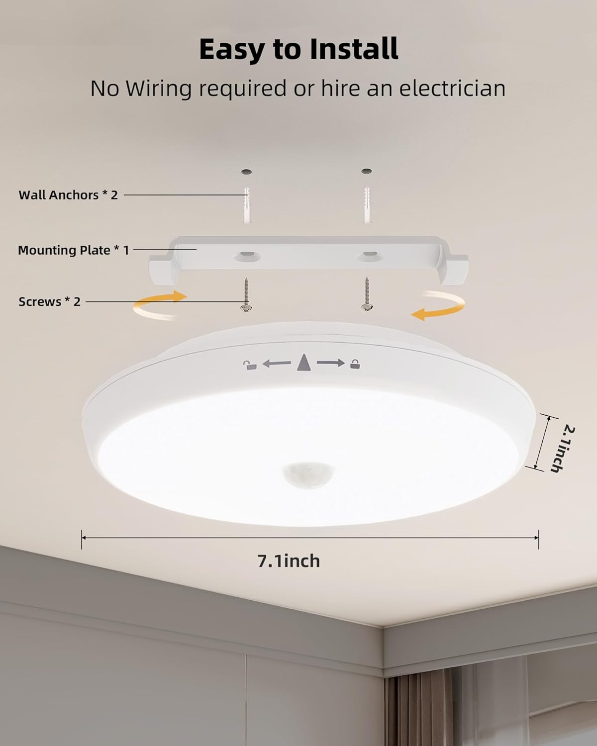 Motion Sensor Light Indoor, 2 - Pack, 10000mAh, 7.1inch, 400LM, Remote Control, Dimmable, LED, Flush Mount, Wireless, Rechargeable, Battery Operated, Cordless, Ceiling Light, Closet Light, No Wiring - EZVALO
