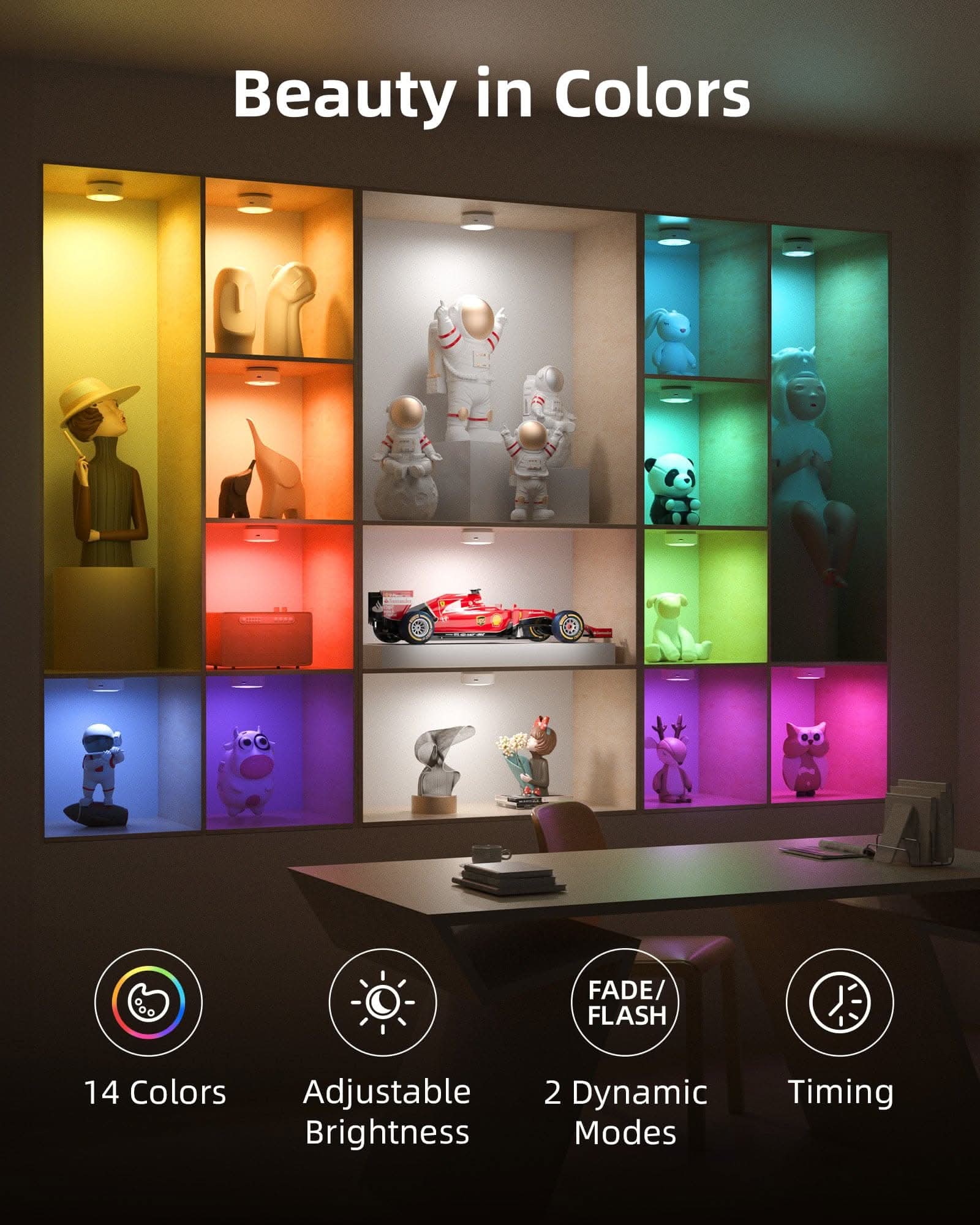 Puck Lights with Remote, 14 Colors Changeable RGB LED Under Cabinet Lighting, 1200mAh Rechargeable Under Cabinet Lights, Tap Light, Stick on Lights for Kitchen, Counter, Closet - EZVALO