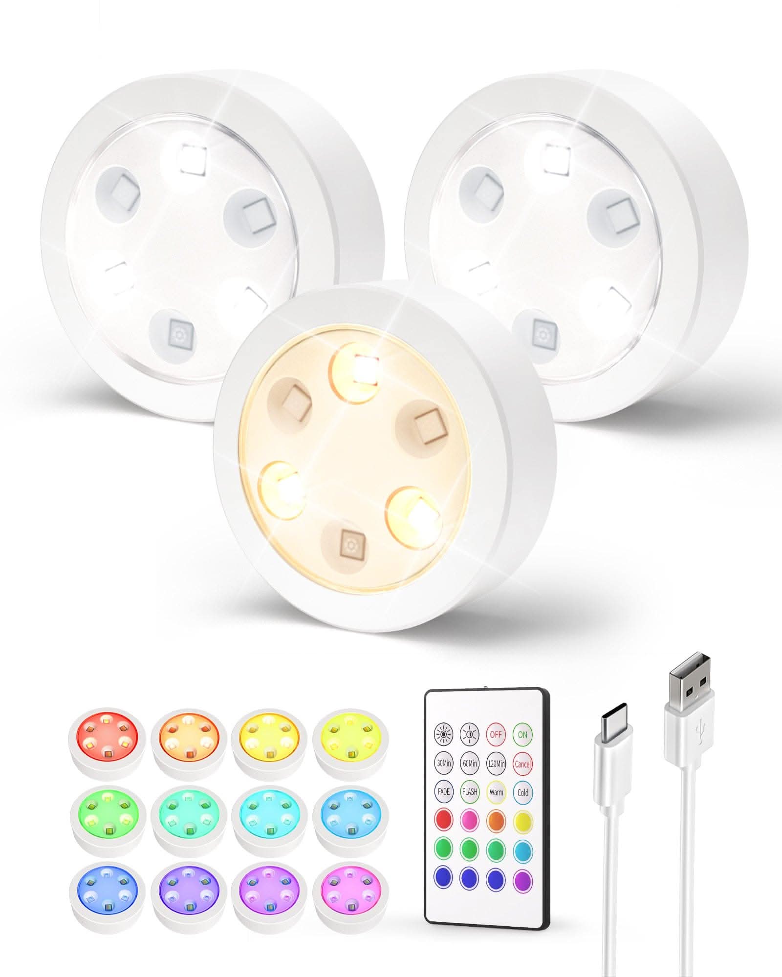 Puck Lights with Remote, 14 Colors Changeable RGB LED Under Cabinet Lighting, 1200mAh Rechargeable Under Cabinet Lights, Tap Light, Stick on Lights for Kitchen, Counter, Closet - EZVALO