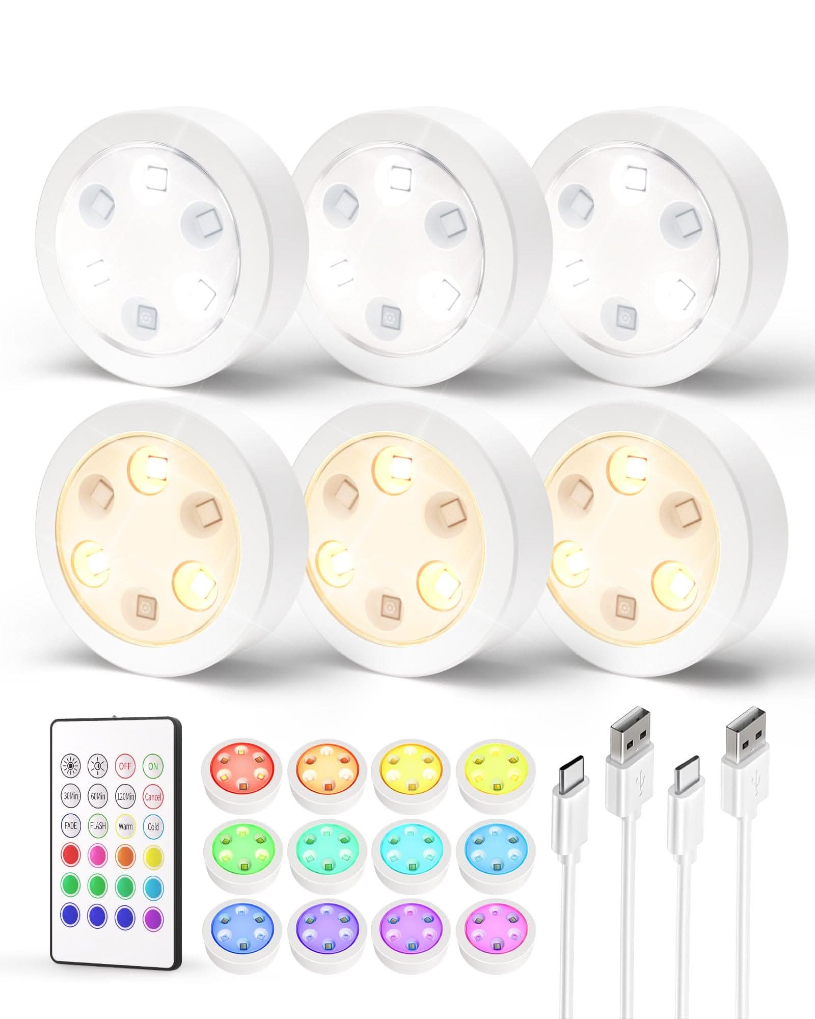 Puck Lights with Remote, 14 Colors Changeable RGB LED Under Cabinet Lighting, 1200mAh Rechargeable Under Cabinet Lights, Tap Light, Stick on Lights for Kitchen, Counter, Closet - EZVALO
