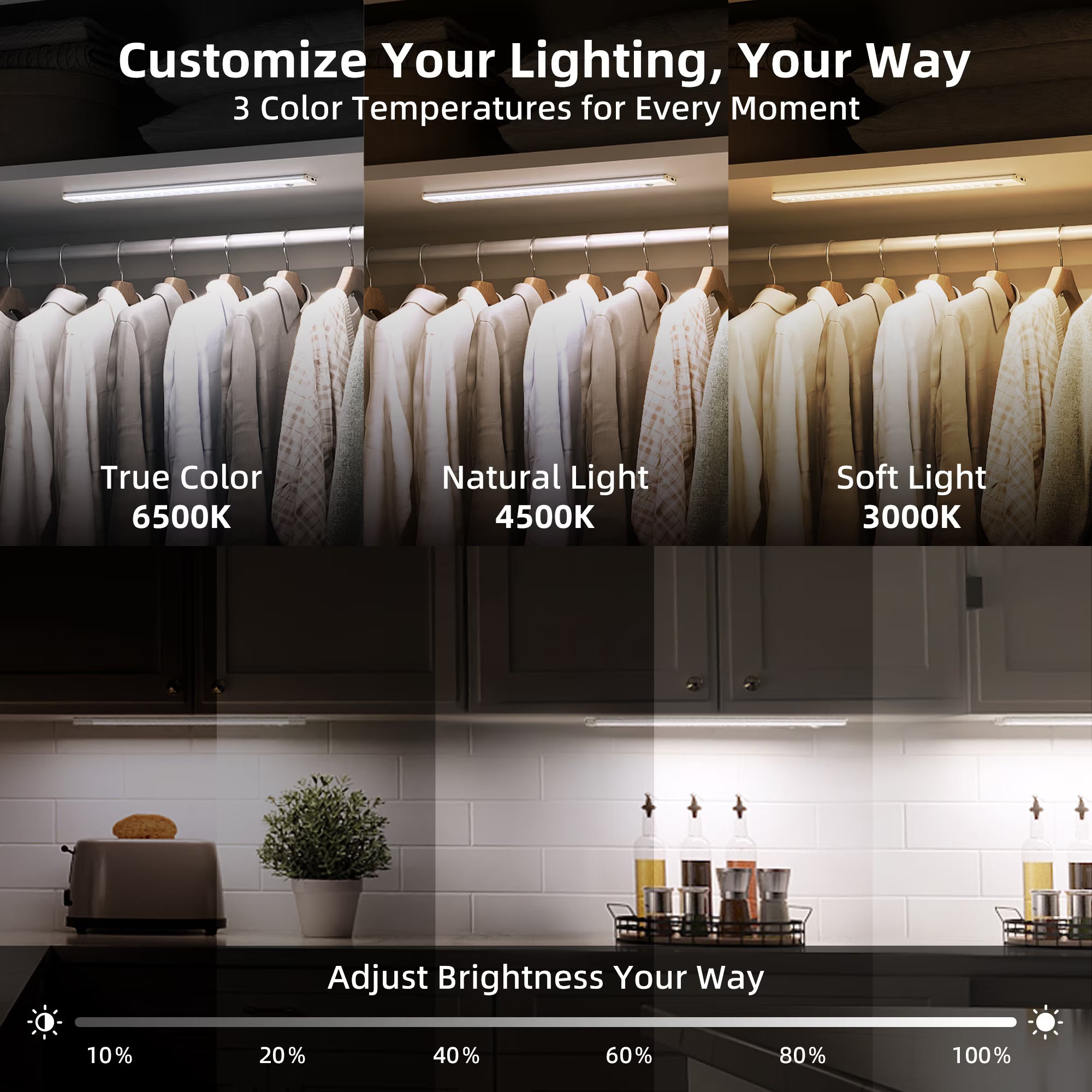 Under Cabinet Lighting 12 inches, 80 LED Motion Sensor Light Indoor, 2200mAh Battery Operated Rechargeable Closet Lights, 3 Color Dimmable Magnetic Wireless Under Counter Lights for Kitchen - 2 Pack
