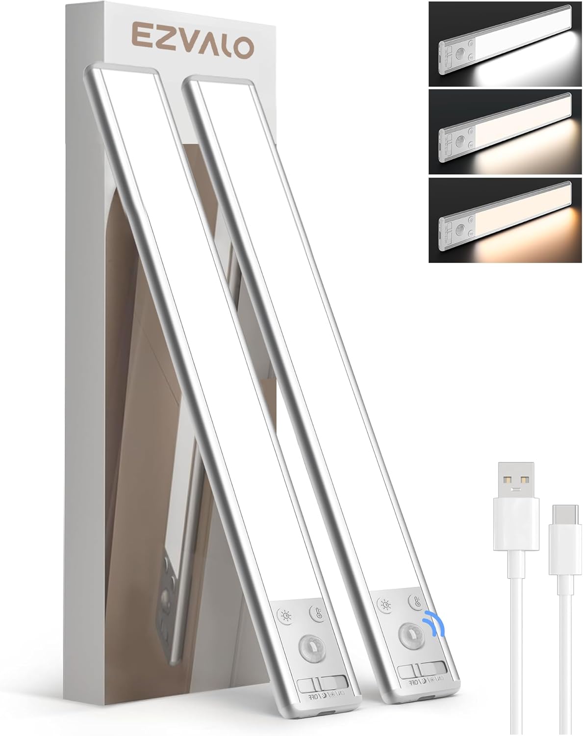 EZVALO 8" Under Cabinet Lighting, 2400mAh USB-C Rechargeable Motion Sensor Light, 3 Color Temps, 5-Level Dimmable Magnetic Wireless Closet Lights for Kitchen, Pantry, Stairs (2 Pack)