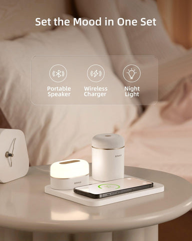 EZVALO EzFlex E 3-in-1 gift box with Wireless Phone Charger & LED Night Light & Portable Speaker- White