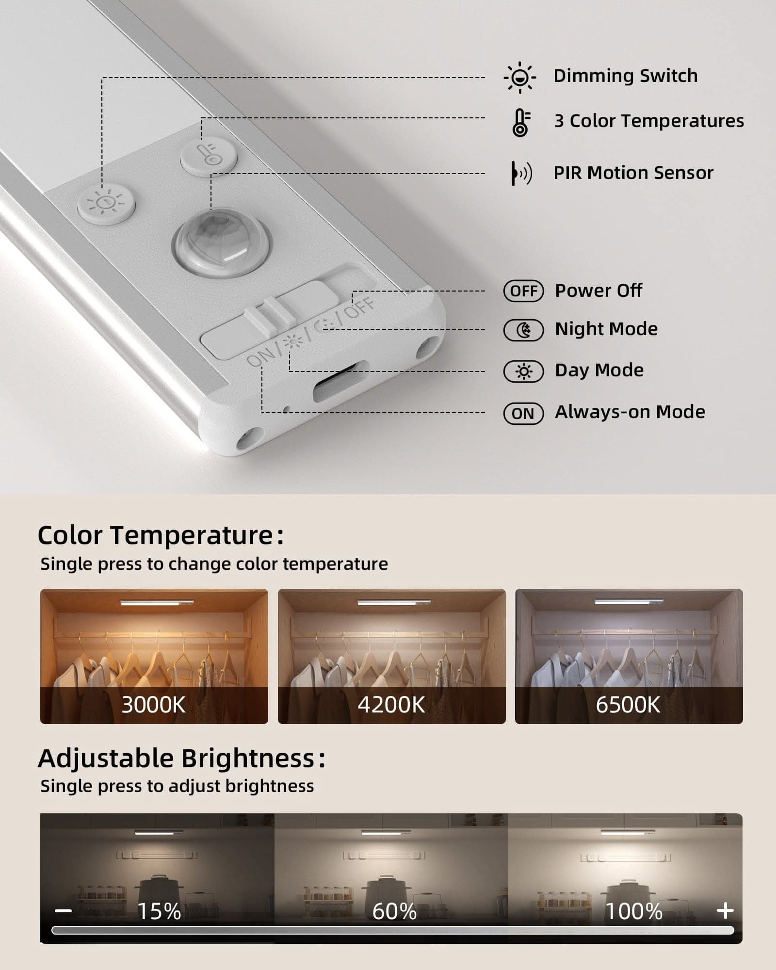 EZVALO Under Cabinet Lights,  62 LED Motion Sensor Lights Indoor 3 Color Temps