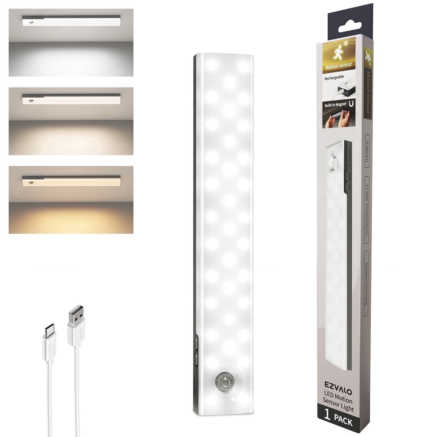 EZVALO 56 LED Under Cabinet Lights, USB Rechargeable 2000mAh Motion Sensor Closet Lighting Kit with Magnetic Strip, Remote, 3 Color Temps, Stepless Dimming & Timer for Kitchen, 3 Pack.
