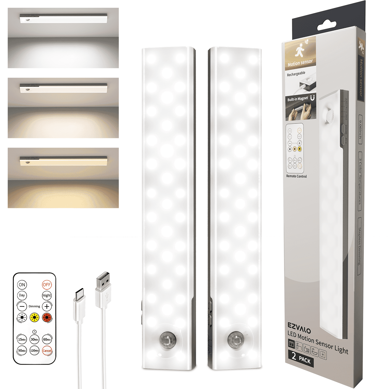 EZVALO 56 LED Under Cabinet Lights, USB Rechargeable 2000mAh Motion Sensor Closet Lighting Kit with Magnetic Strip, Remote, 3 Color Temps, Stepless Dimming & Timer for Kitchen, 3 Pack.