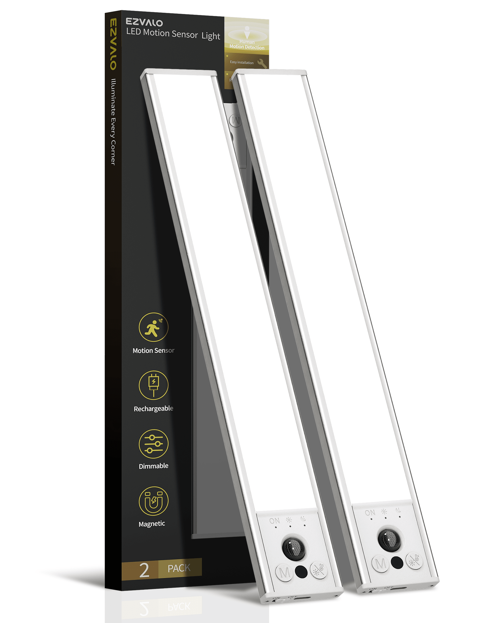 EZVALO 12inch Under Cabinet Lighting, LED Motion Sensor Light Indoor, 3100mAh USB Rechargeable Closet Lights, Dimmable & Magnetic Wireless Under Counter Lights for Kitchen, Pantry, Stairs (2 Pack) - EZVALO