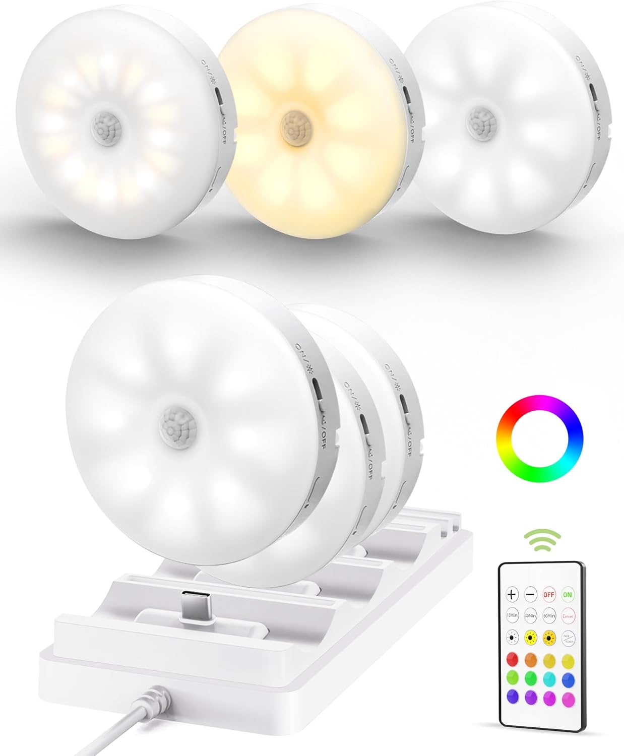 EZVALO 6 - Pack Under Cabinet Lighting, Rechargeable Motion Sensor Puck Lights with Remote, 3 Color Temps &12 RGB Colors, Magnetic Stick on Light, Dimmable Under Counter Lights for Kitchen, Shelf, Stair - EZVALO