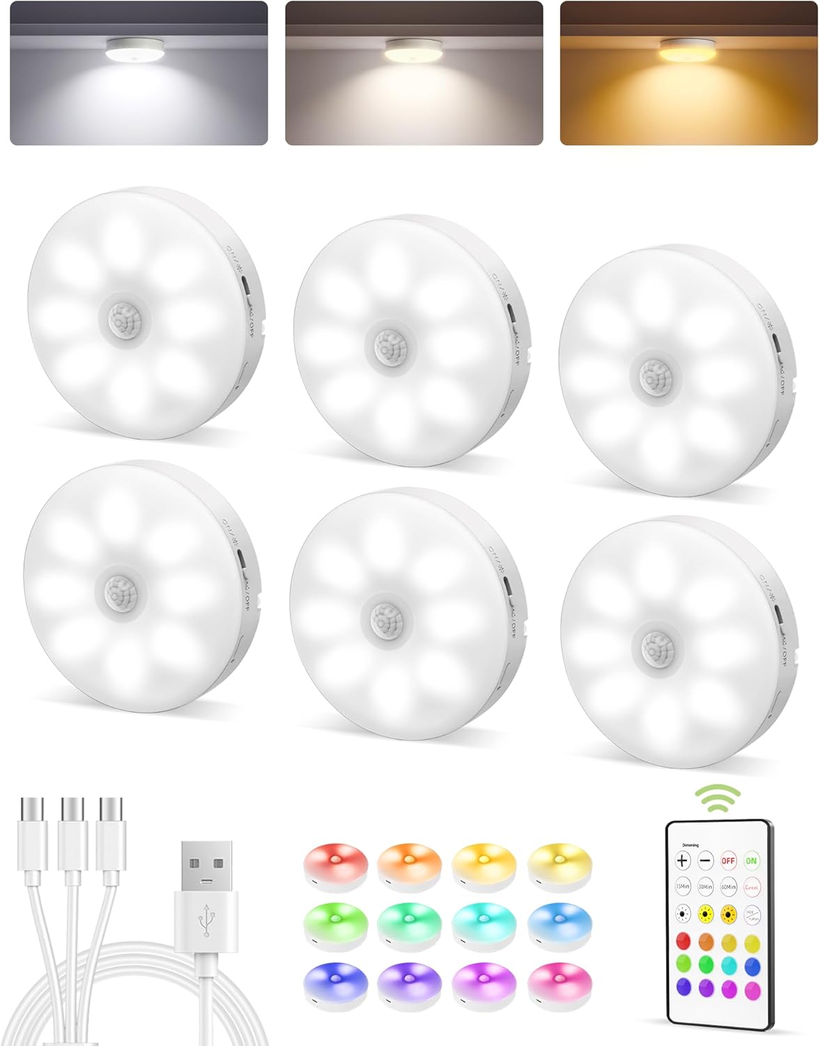 EZVALO 6 - Pack Under Cabinet Lighting, Rechargeable Motion Sensor Puck Lights with Remote, 3 Color Temps &12 RGB Colors, Magnetic Stick on Light, Dimmable Under Counter Lights for Kitchen, Shelf, Stair - EZVALO