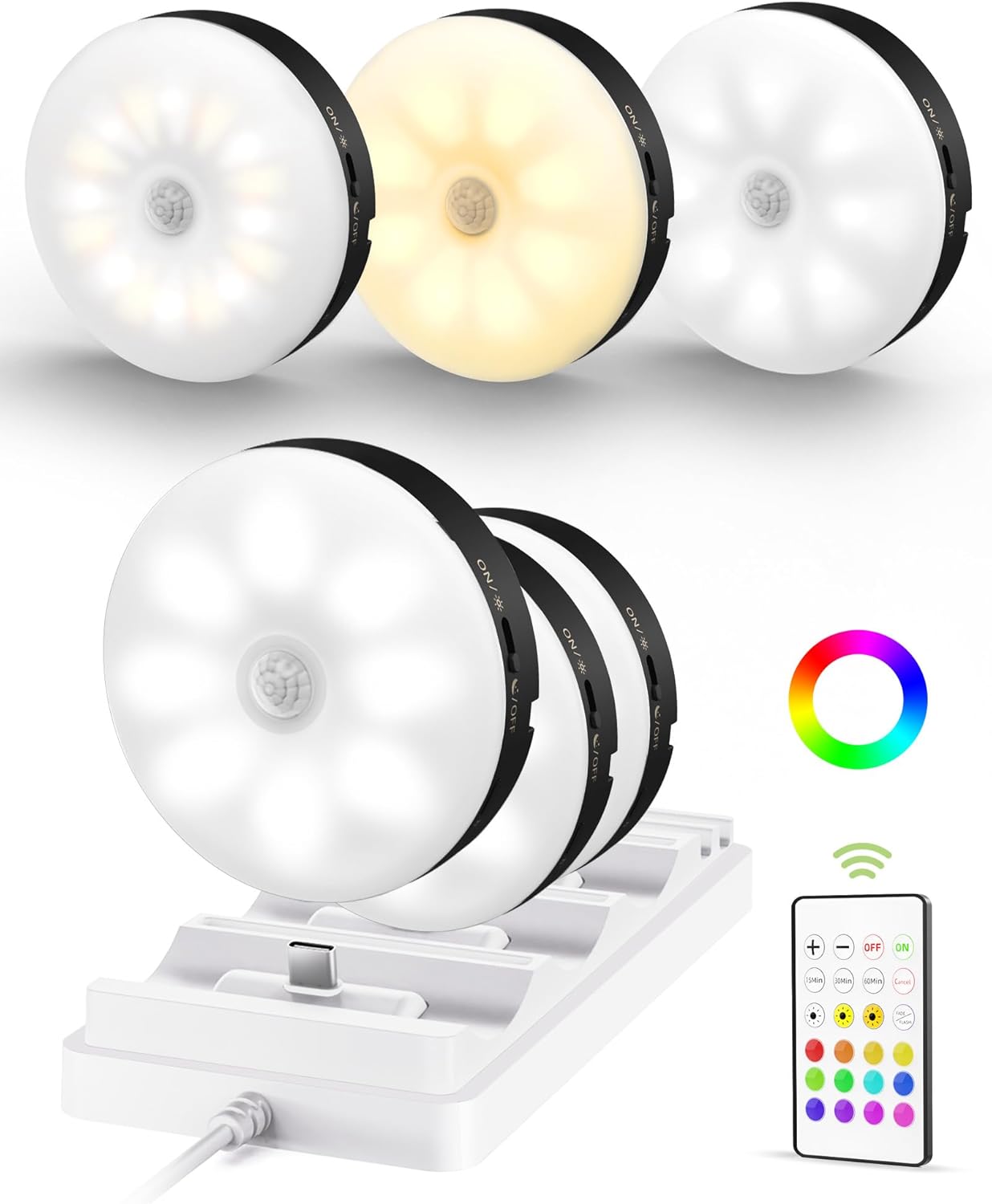 EZVALO 6 - Pack Under Cabinet Lighting, Rechargeable Motion Sensor Puck Lights with Remote, 3 Color Temps &12 RGB Colors, Magnetic Stick on Light, Dimmable Under Counter Lights for Kitchen, Shelf, Stair - EZVALO