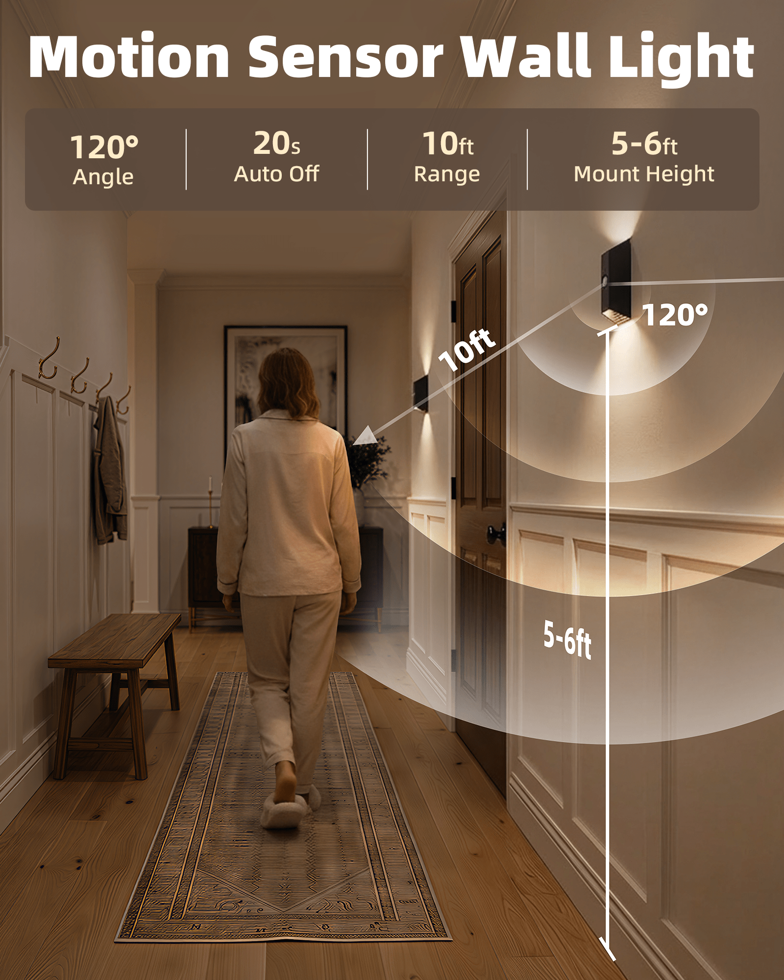 EZVALO Motion Sensor Wall Light with Remote Control, Rechargeable Wall Sconce, 3 Color Temps, Dimmable, Magnetic, LED Indoor Wireless Wall Lamp, 4000mAh, for Hallway, Stair, Entryway, Renters - EZVALO