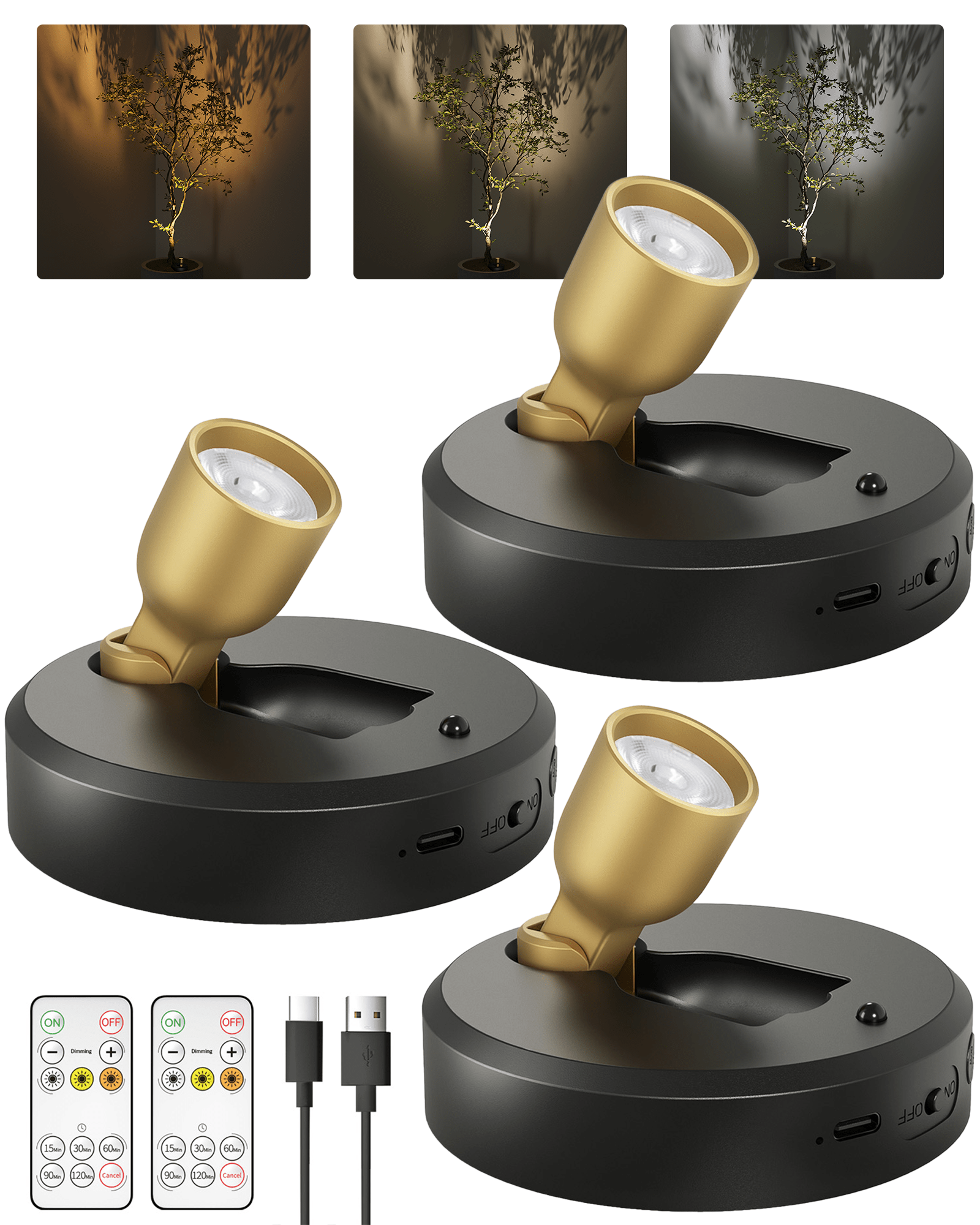 EZVALO Spotlight Indoor with Remote, 4000mAh Rechargeable Battery-Powered Plant Spot Lights, Wireless Mini Uplights with Dimmable & 3-CCT, Timer, Accent Lighting for Pictures, Art, Displays (2-Pack) - EZVALO
