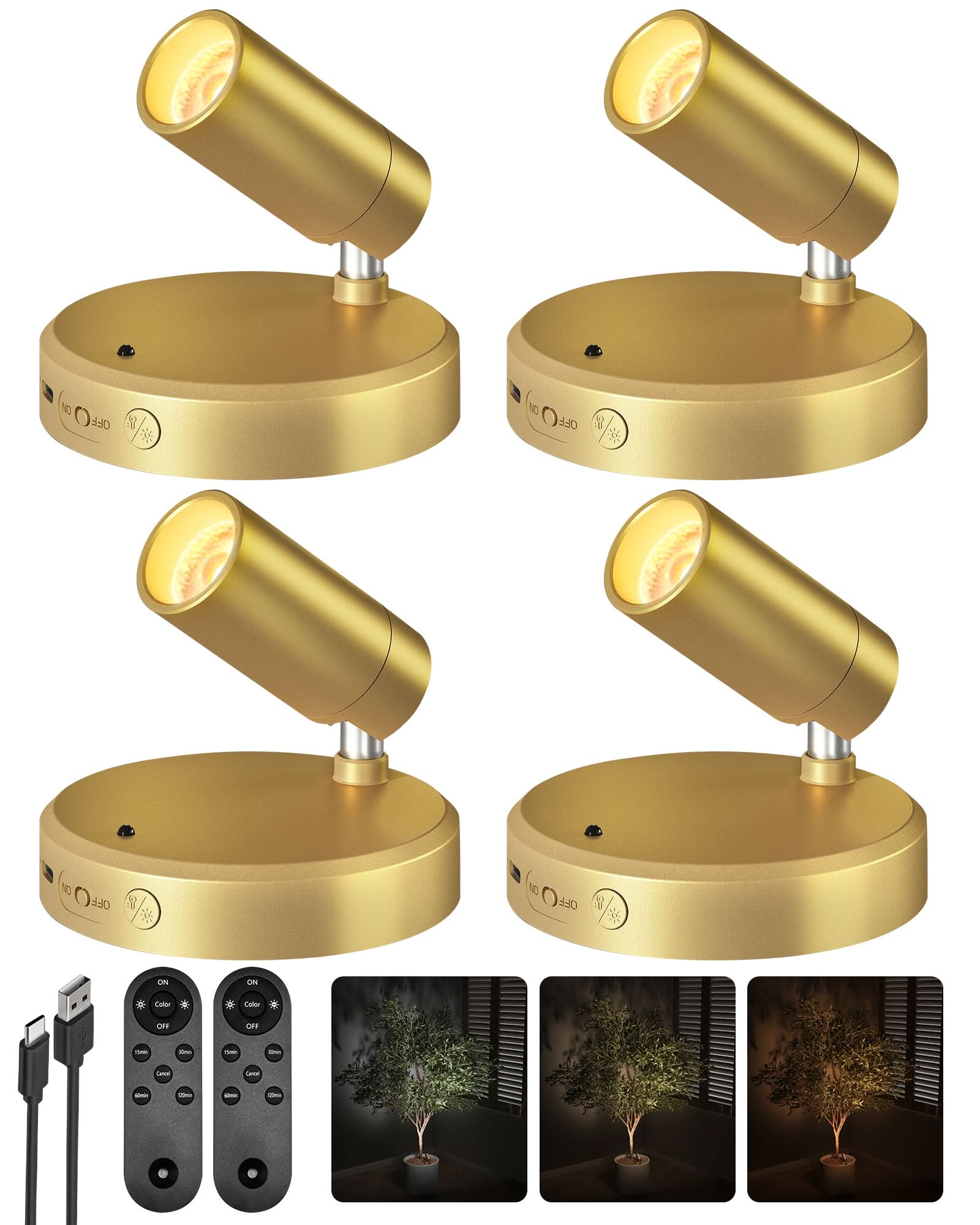 EZVALO Spotlights Indoor with Remote, 5500mAh Rechargeable Picture Lights, Wireless LED Uplighting with Timer＆Dimmable, 3CCT, Display Lights for Plant Painting, Artwork, Accent Lighting (2Pack - Black) - EZVALO