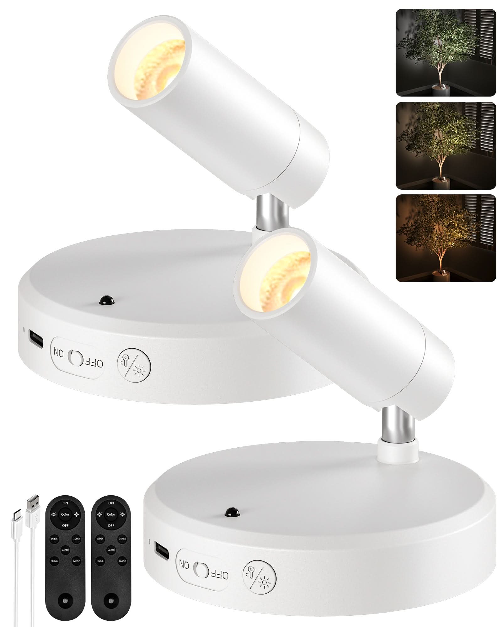 EZVALO Spotlights Indoor with Remote, 5500mAh Rechargeable Picture Lights, Wireless LED Uplighting with Timer＆Dimmable, 3CCT, Display Lights for Plant Painting, Artwork, Accent Lighting (2Pack - Black) - EZVALO